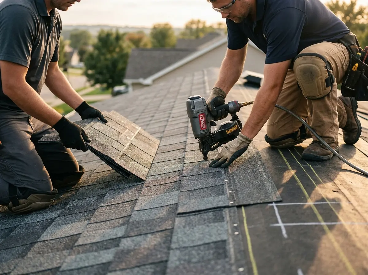 Professional roofer working on a residential roof in Eagle Lake